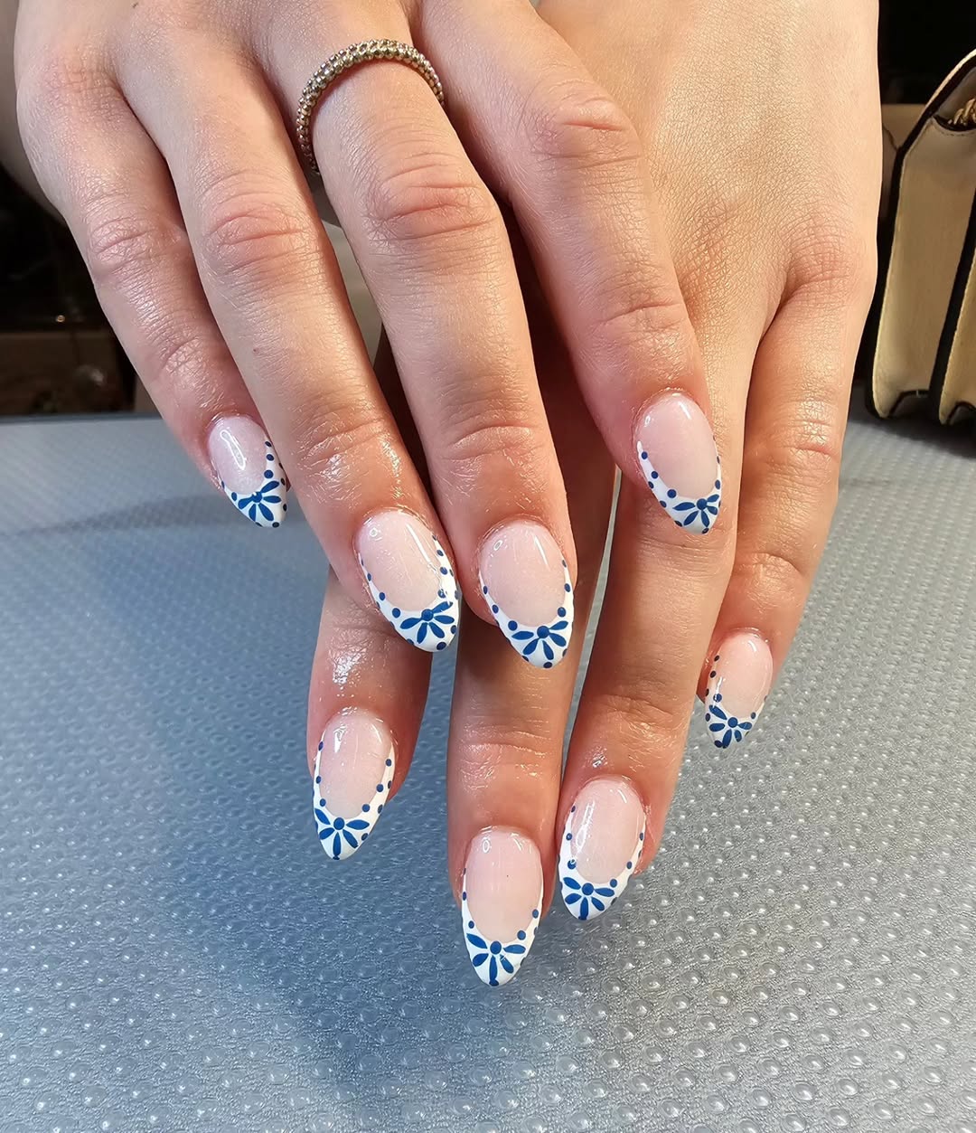 Blue and White Dotted Floral Bow French Tips