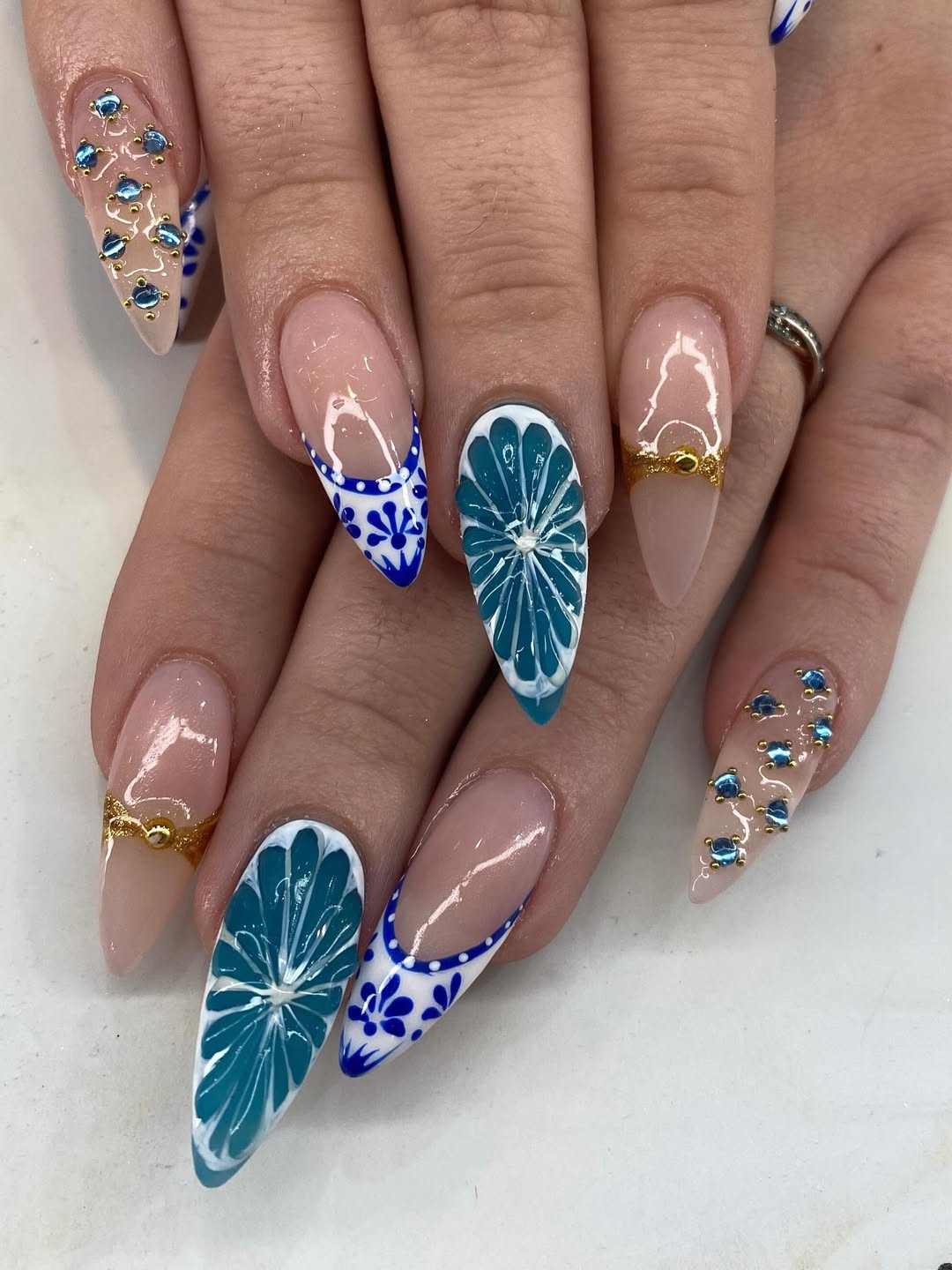 Blue Citrus and Delft Tile Stiletto Nails