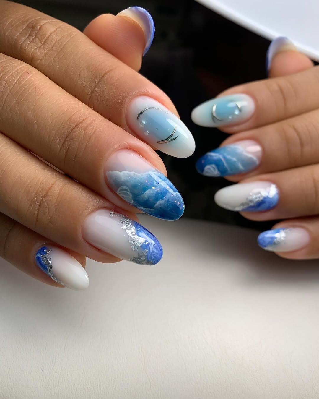 Blue Cloud Silver Foil Almond Nails