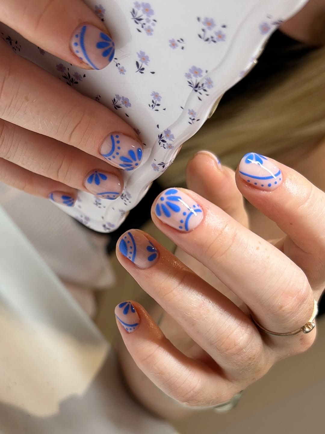 Blue Floral Motif Glossy Oval Barely There Nails