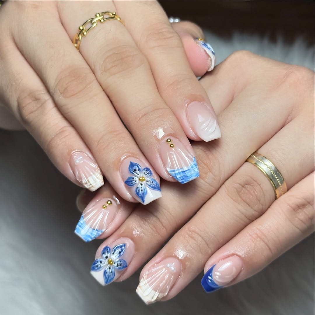 Blue Floral Ombre French Tips with Gold Studs