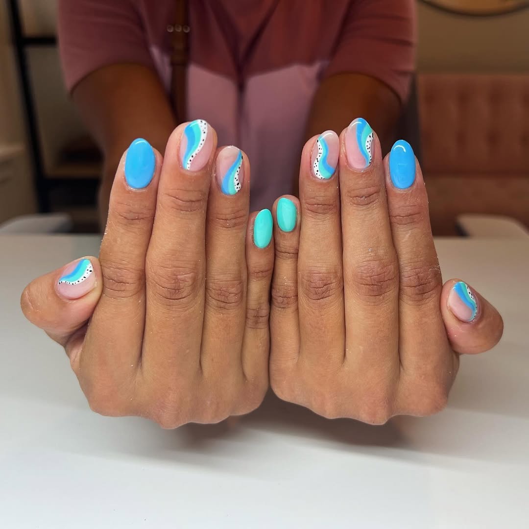 Blue Green Swirl Pattern White Dot Nails