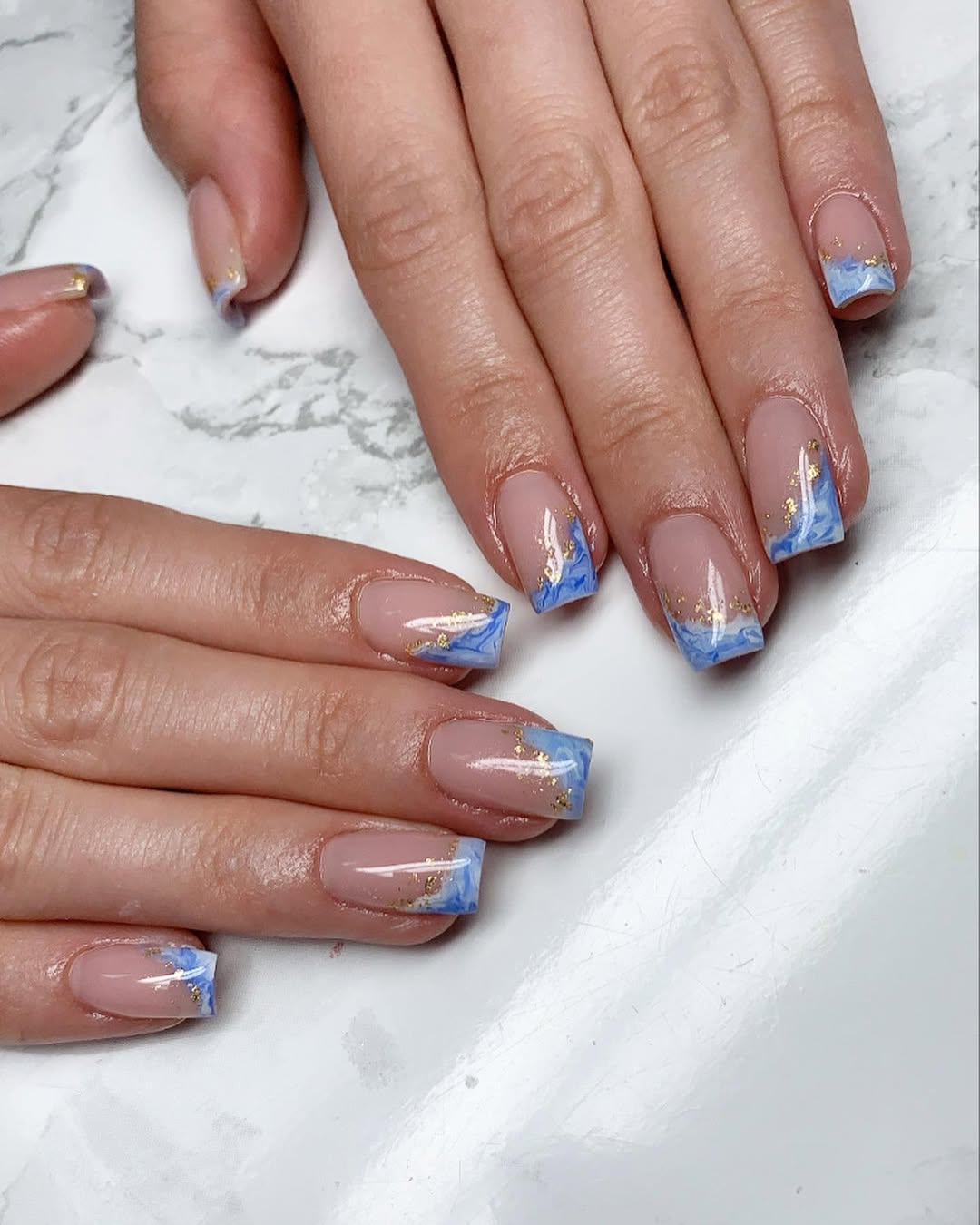 Blue Marble And Gold Foil Square Tips