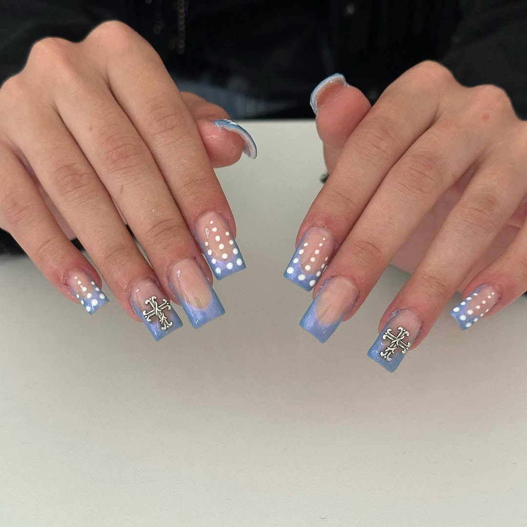 Blue Milky French Tips With White Polka Dots