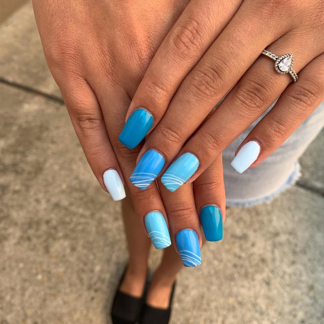 Blue Ocean Wave Gradient Summer Square Nails