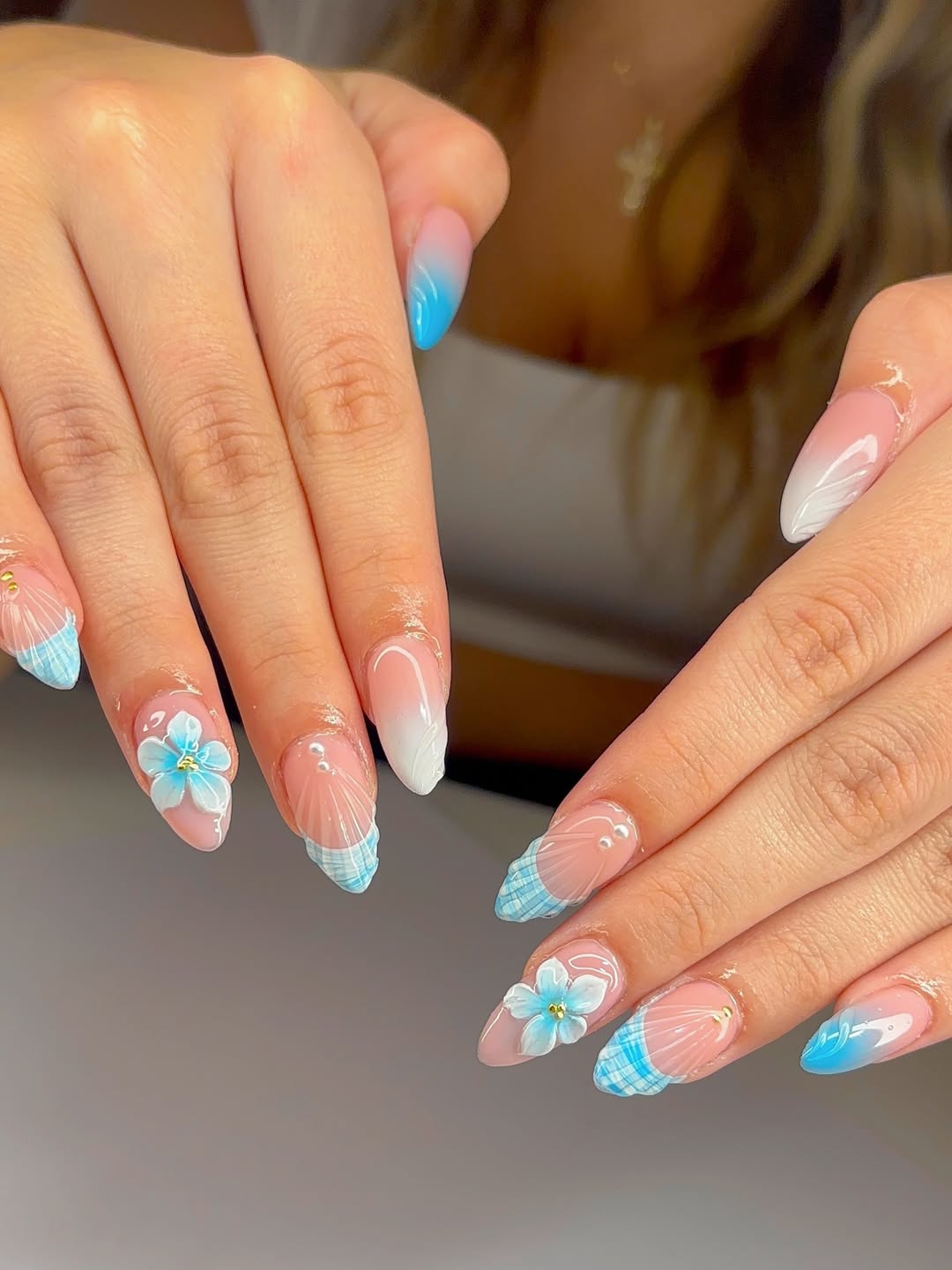 Blue Plaid Flowers Almond Ombre Nails