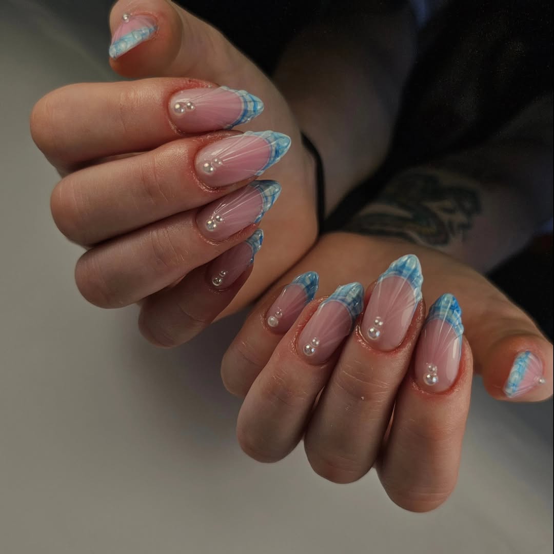 Blue Plaid V-French Nails With Pearl Accents