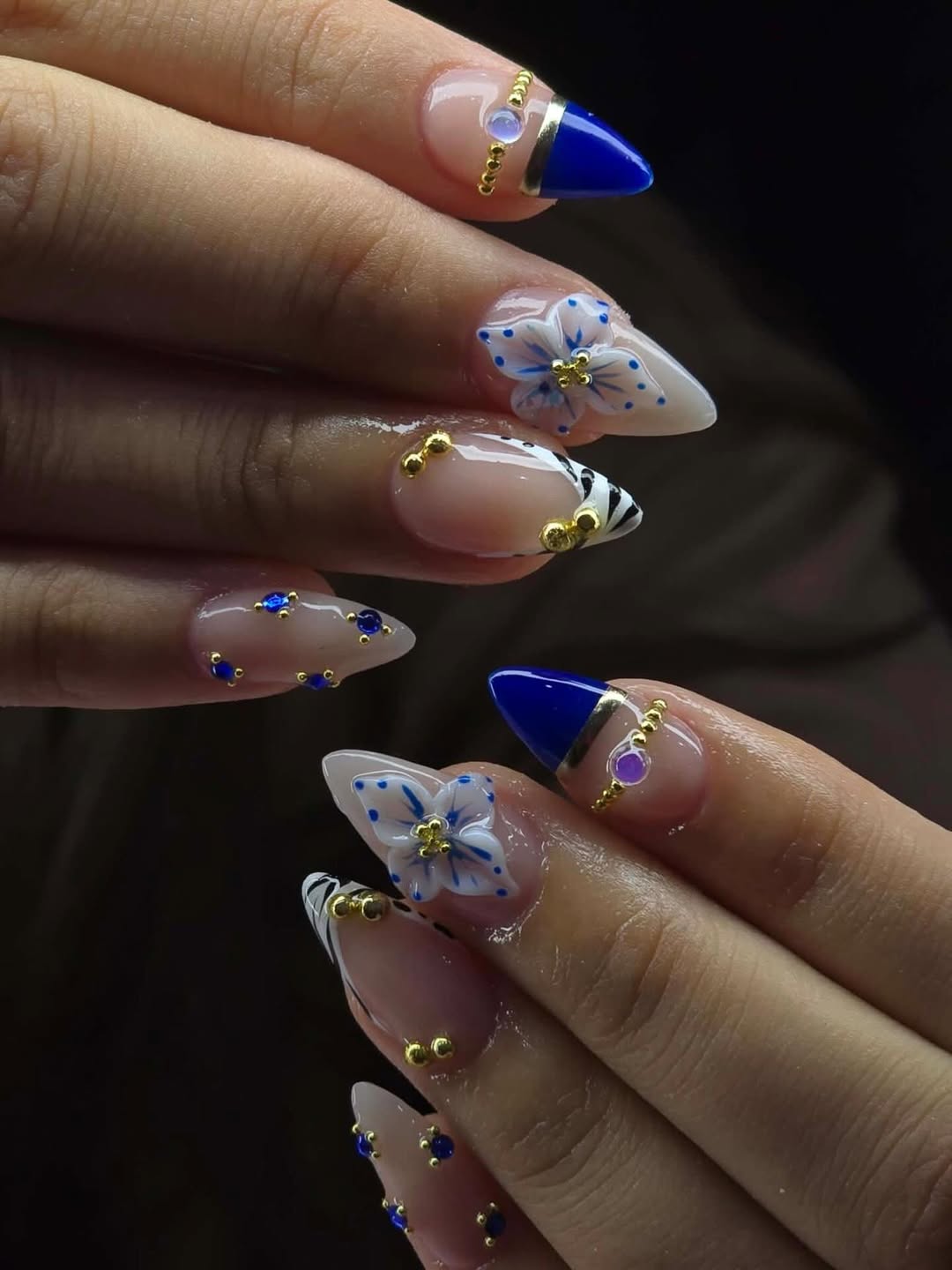 Blue Rhinestone 3D Floral Stiletto Nails