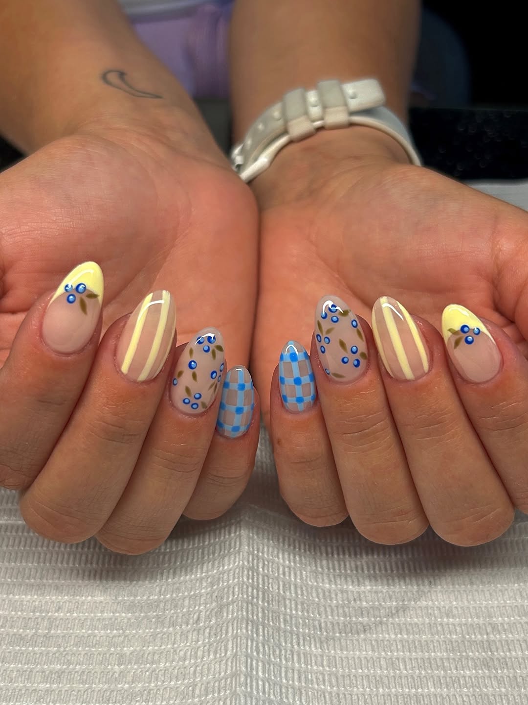 Blueberry Lemon Striped Gingham Nails