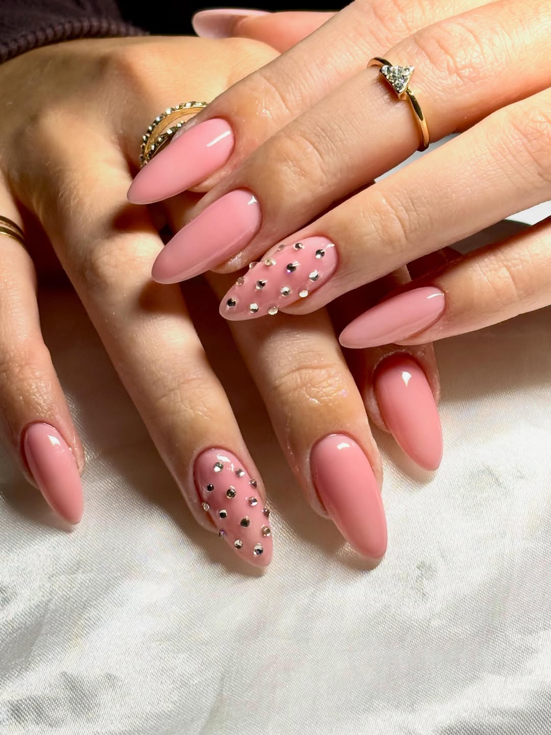 Blush Pink Almond Rhinestone Accent Nails