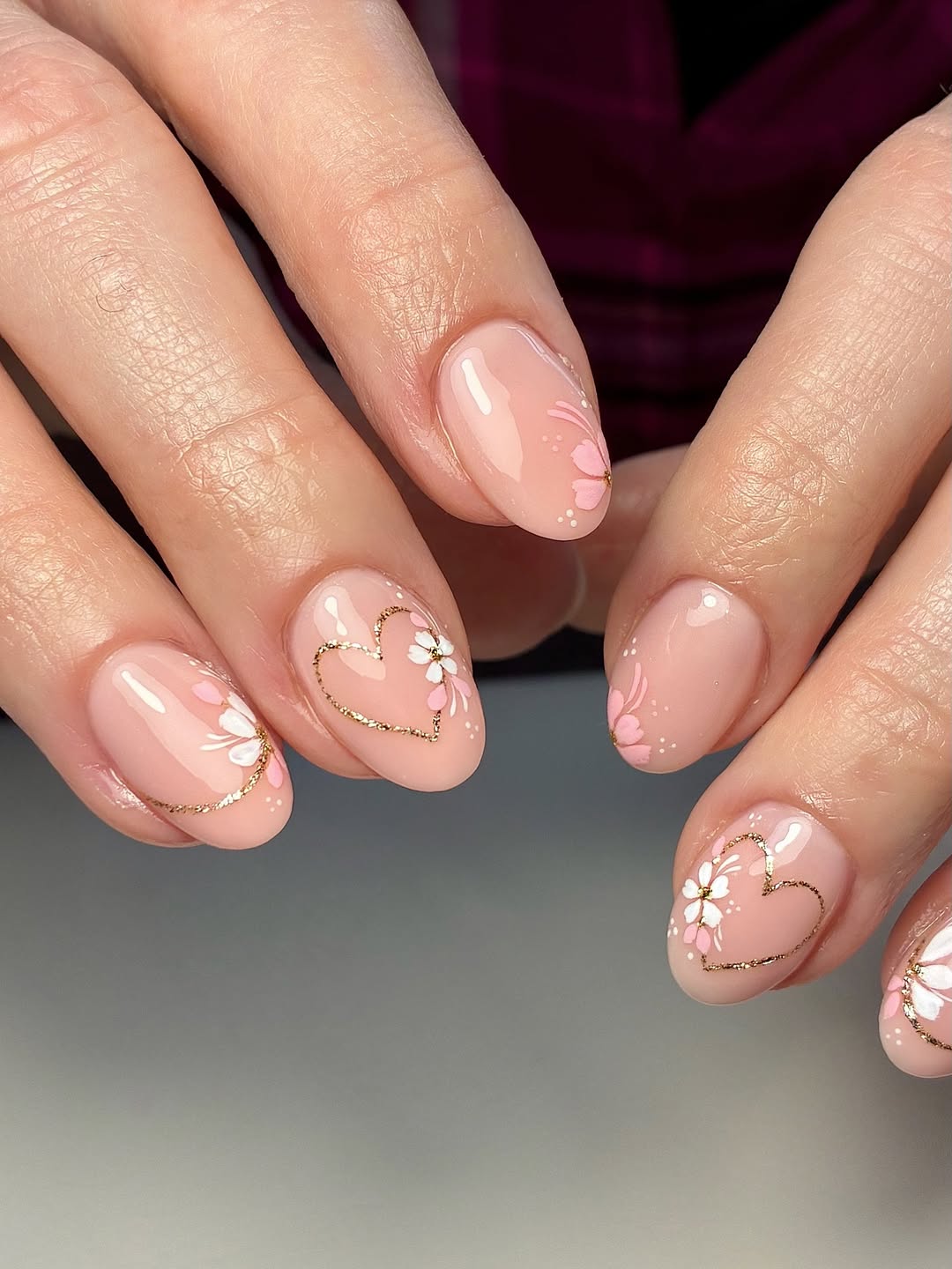 Blush Pink Heart and Floral Accent Oval Nails