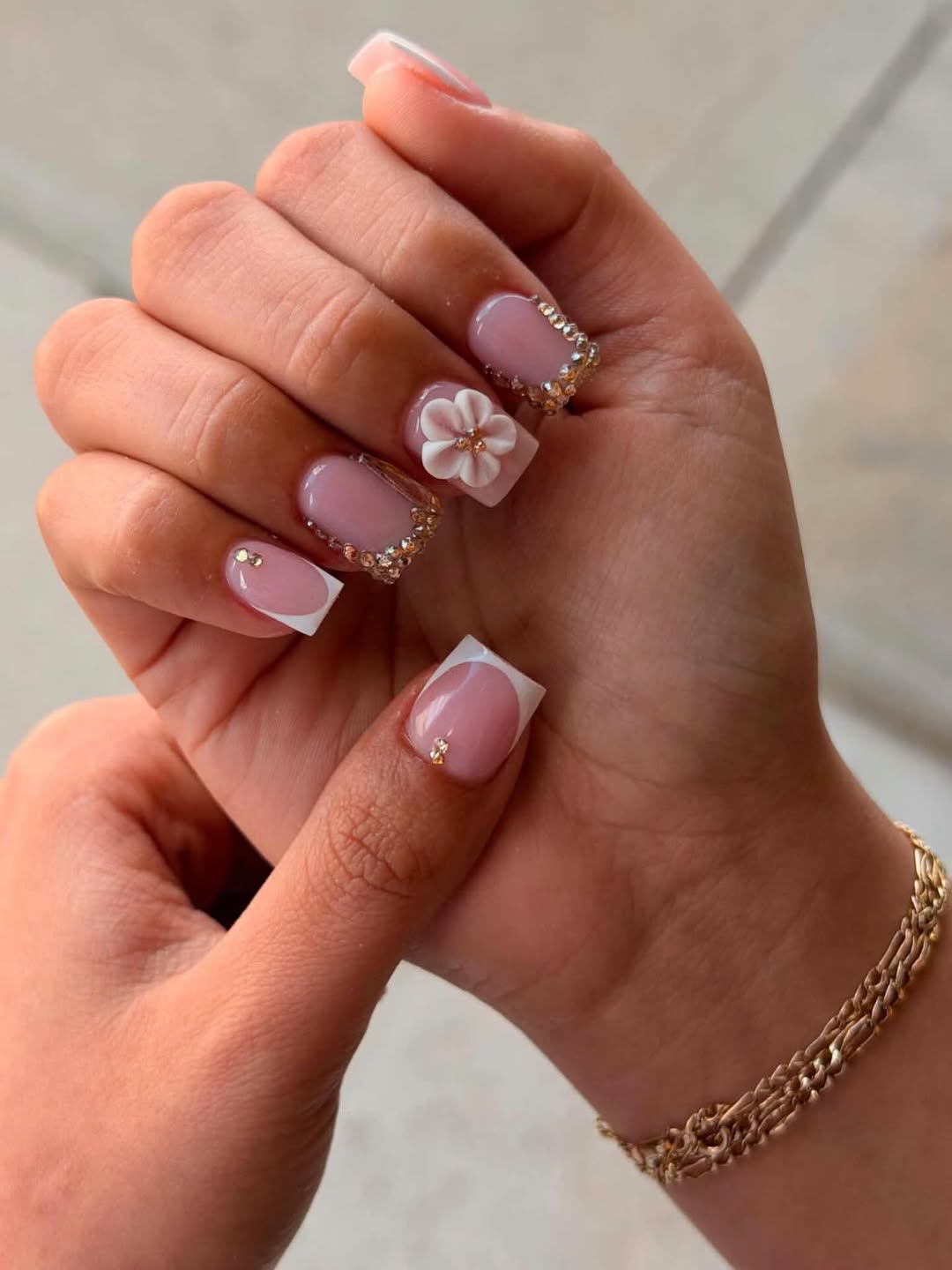Blush Pink Square Rhinestone French Tips with 3D Flower