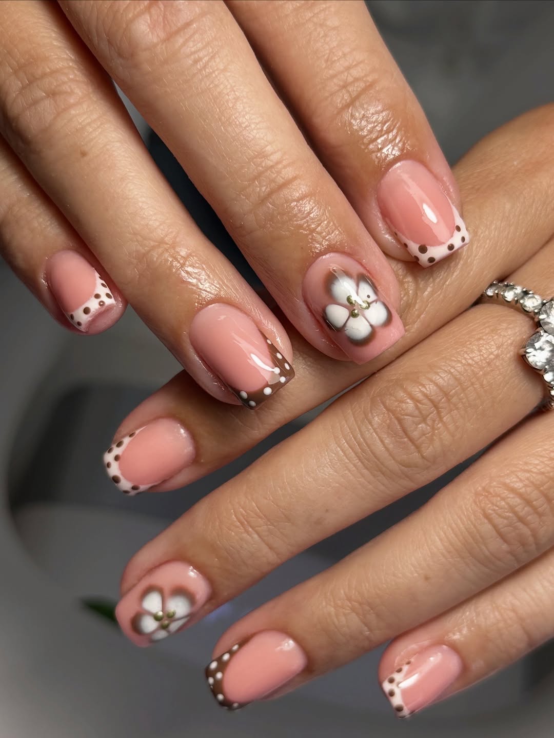 Blush Pink White Brown Floral Polka Dot French Tips
