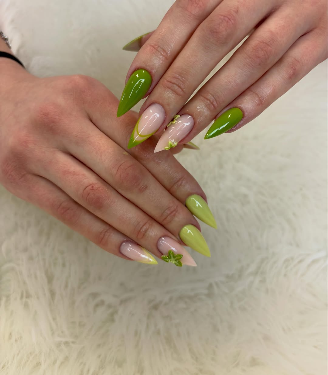 Bold Green Ombre Stiletto Nails with 3D Charms