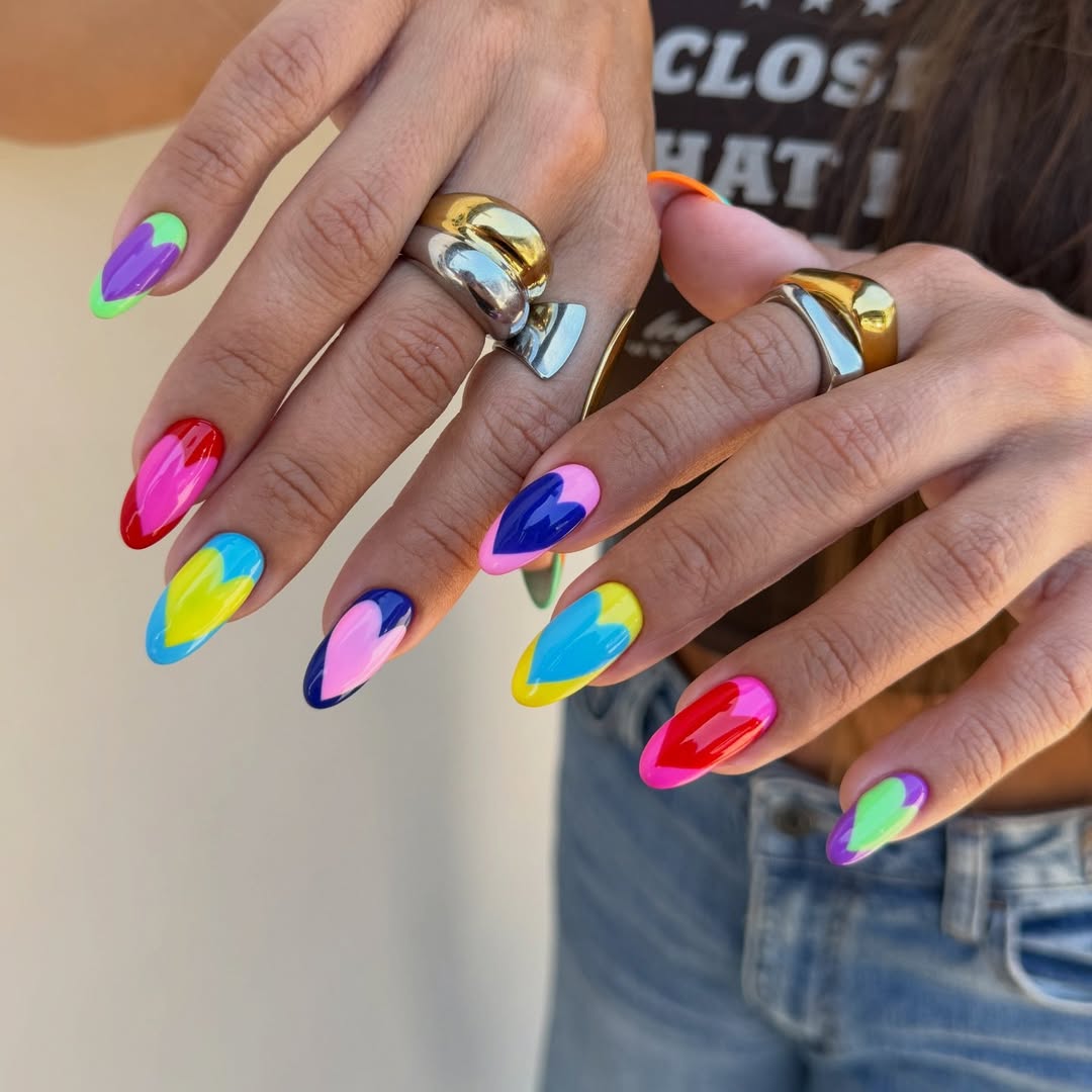 Bright Block Color Heart Almond Nails