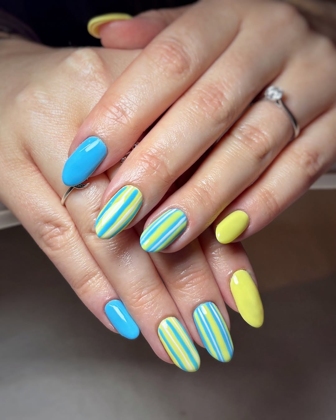 Bright Blue Yellow Striped Short Oval Nails