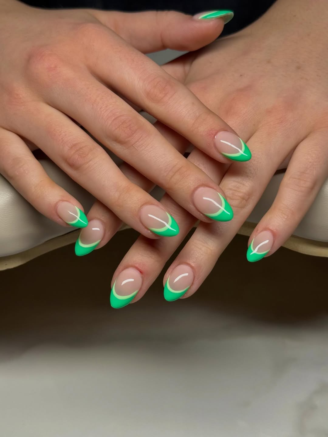 Bright Green Split French Almond Nails