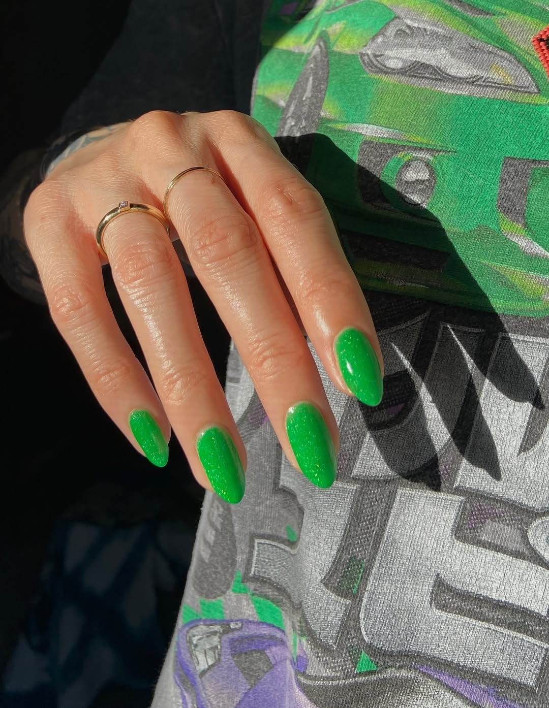 Bright Lime Green Glitter Oval Nails