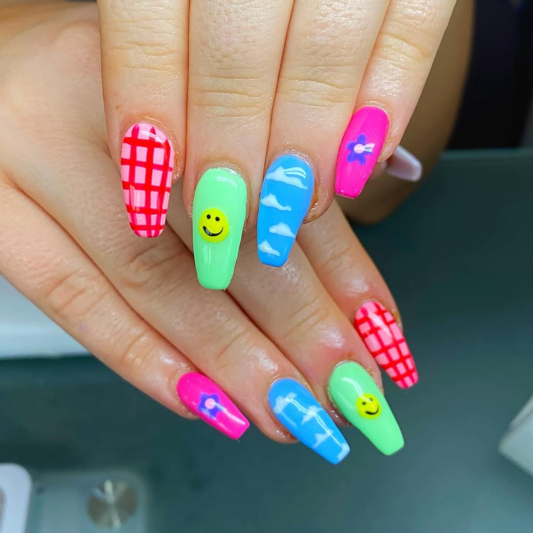 Bright Mismatched Coffin Nails With Happy Face Clouds
