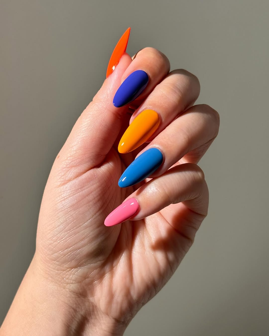 Bright Mismatched Stiletto Glossy Pop Art Nails
