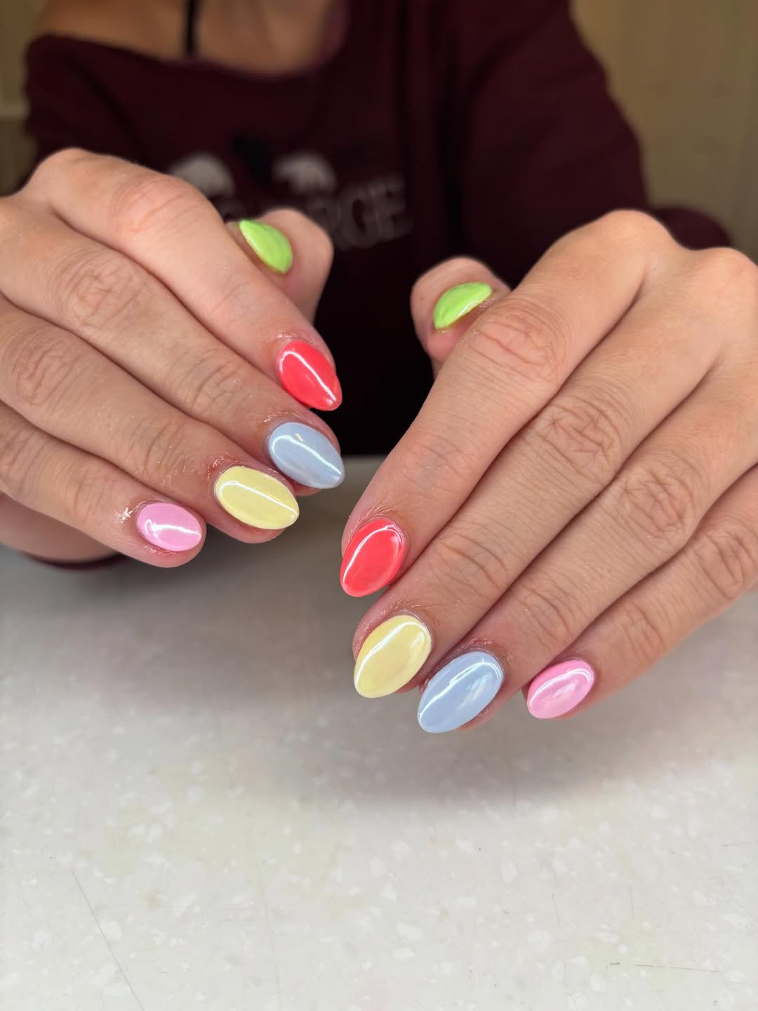 Bright Multi-Colored Short Oval Gel Nails