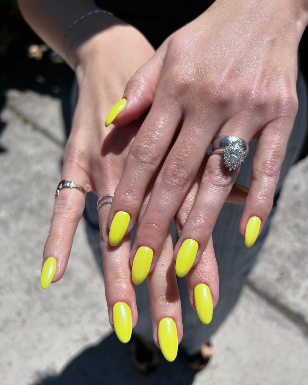 Bright Neon Yellow Glossy Oval Nails