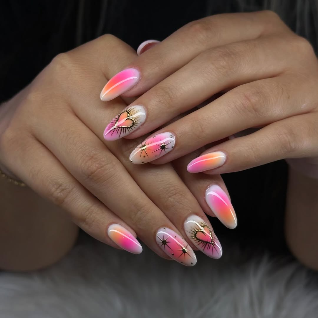 Bright Ombre Heart Design Almond Nails