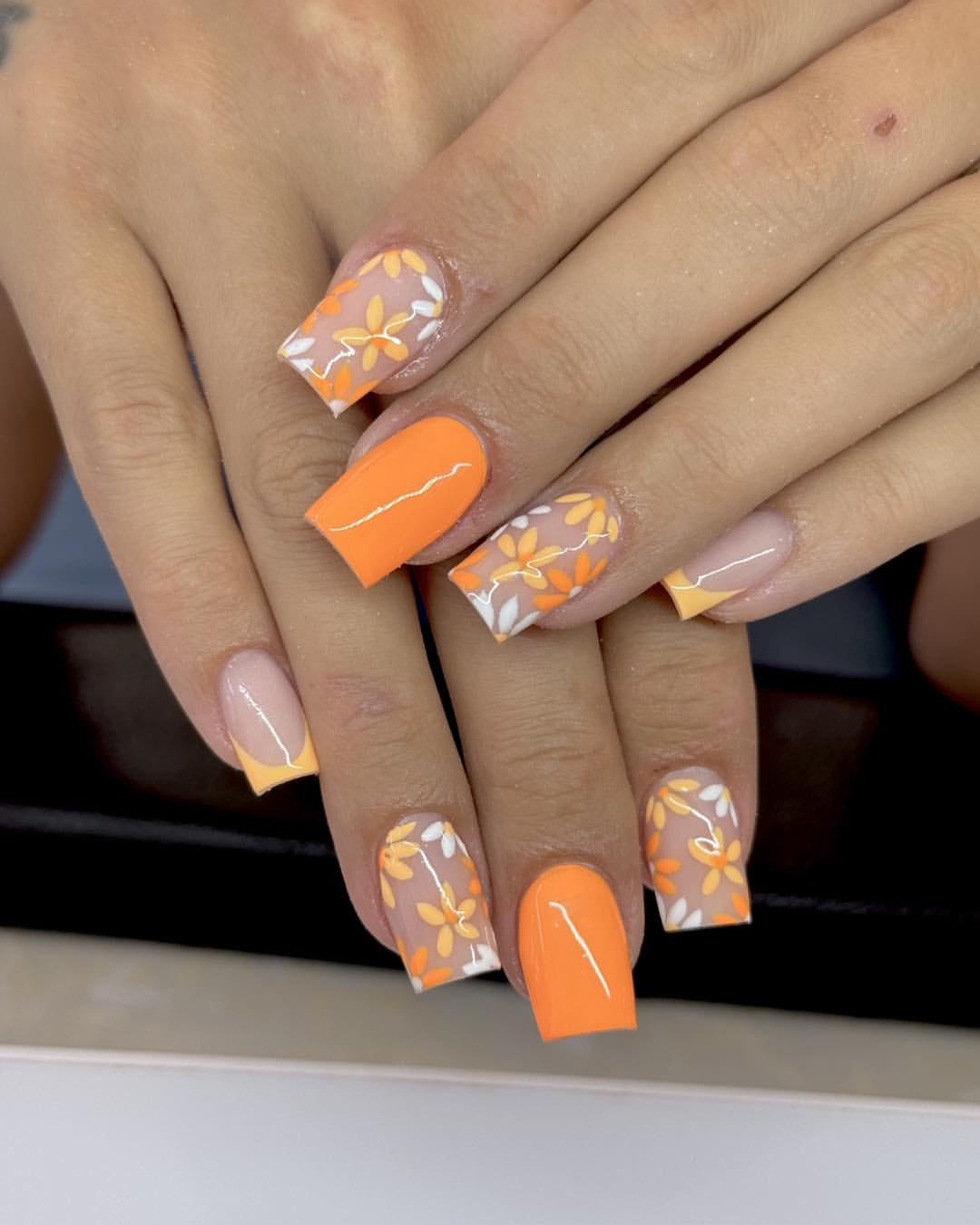 Bright Orange Floral Summer Mix and Match Nails
