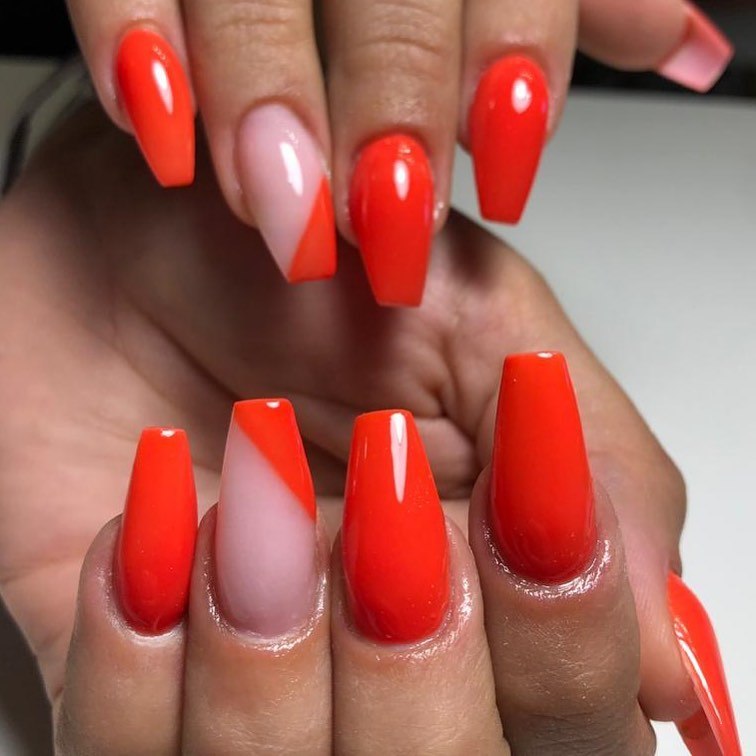 Bright Orange Glossy Coffin Nails with Diagonal Accent