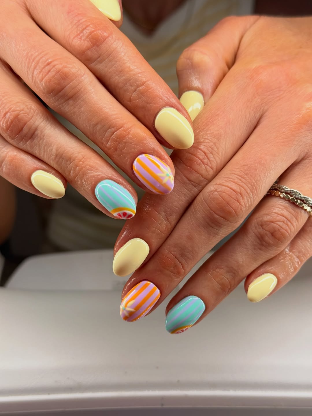 Bright Pastel Striped Summer Almond Nails