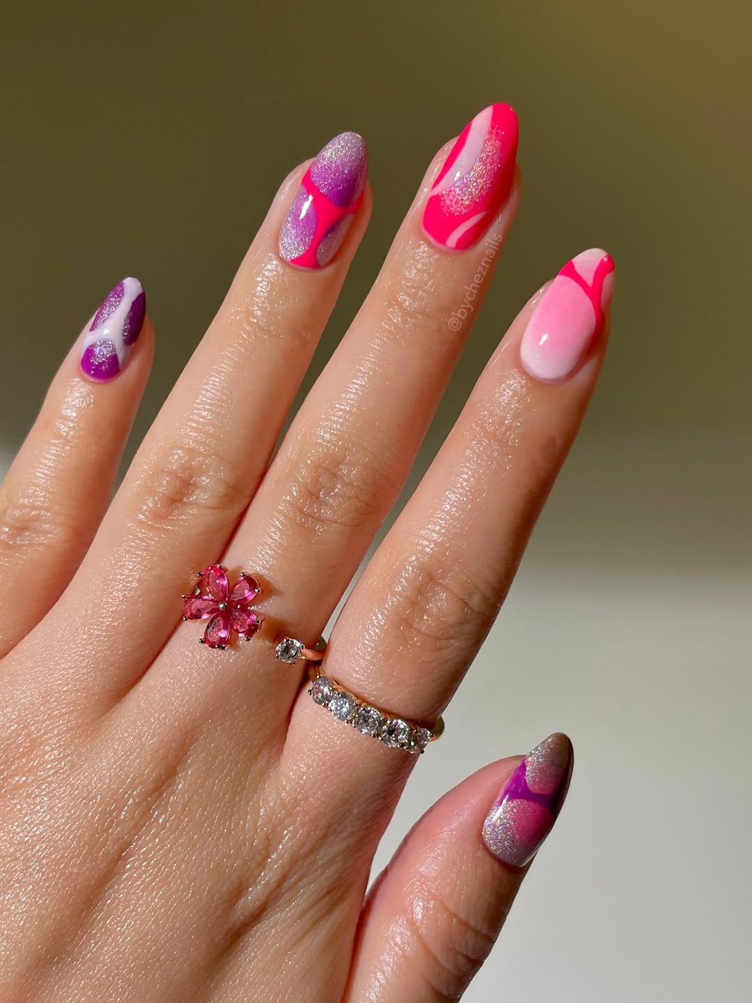 Bright Pink and Purple Swirl Glitter Shimmer Nails