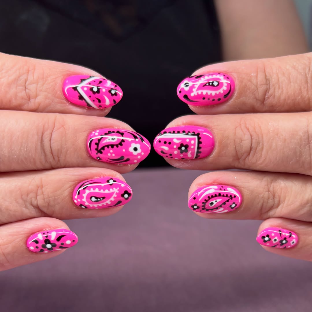 Bright Pink Bandana Print Short Squoval Nails