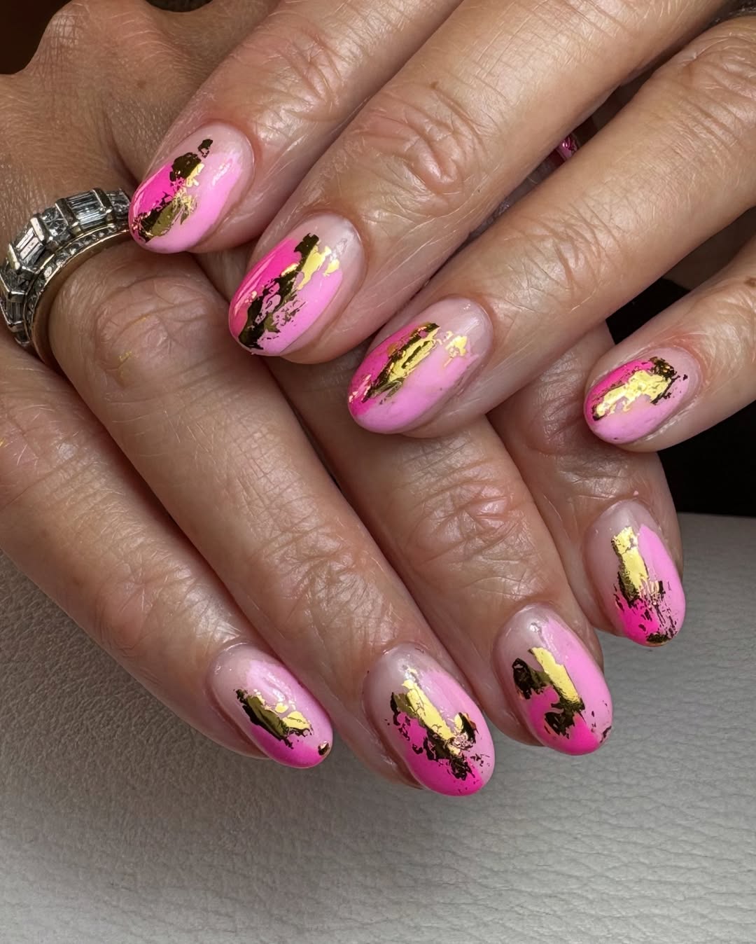 Bright Pink Gold Foil Brushed Oval Nails