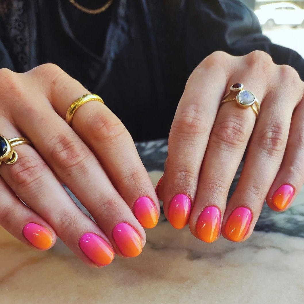 Bright Pink Orange Ombre Glossy Rounded Nails