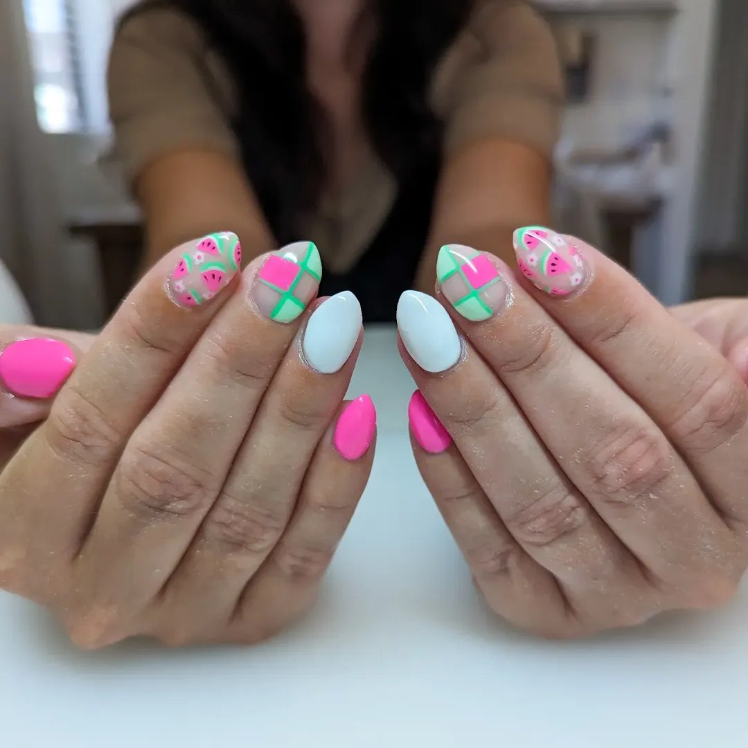 Bright Watermelon Pink Checkered Almond Nails