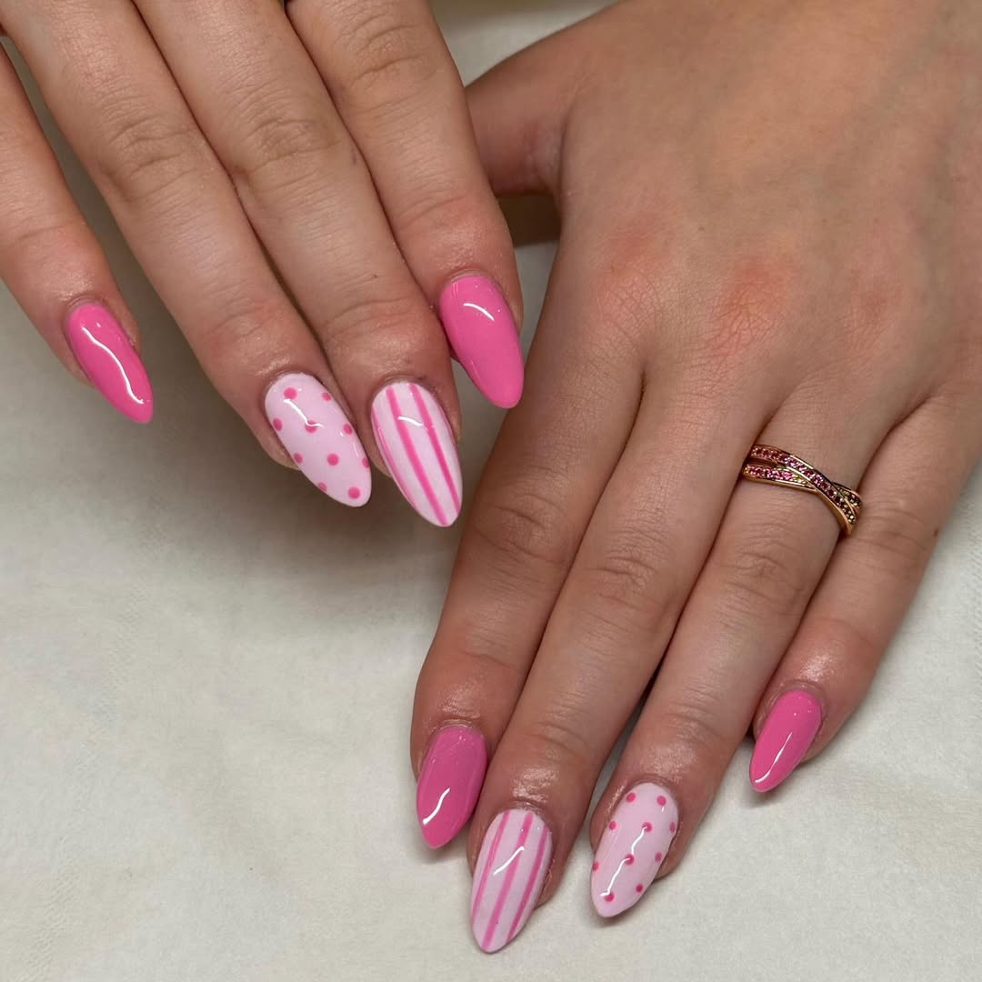 Bubblegum Pink Polka Dot and Stripe Almond Nails