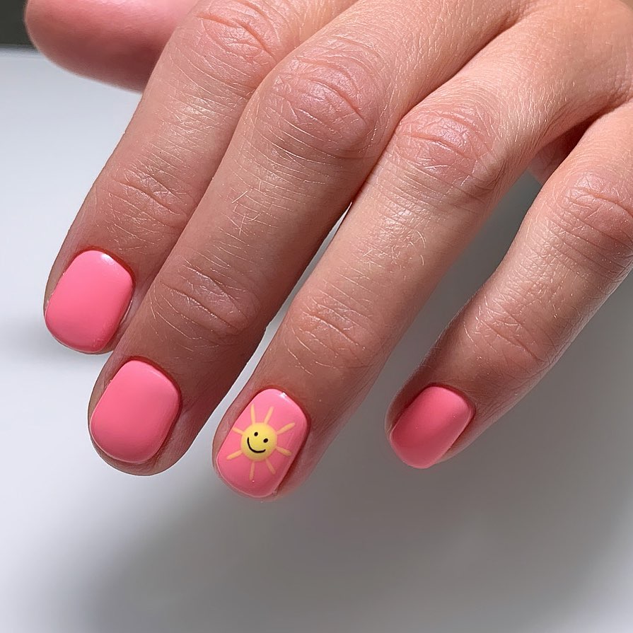 Bubblegum Pink Smiley Sunshine Short Square Nails