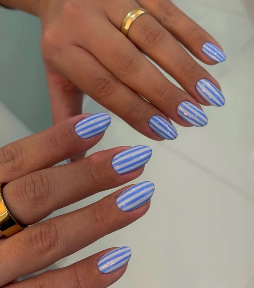 Cerulean Blue and White Striped Glossy Oval Nails