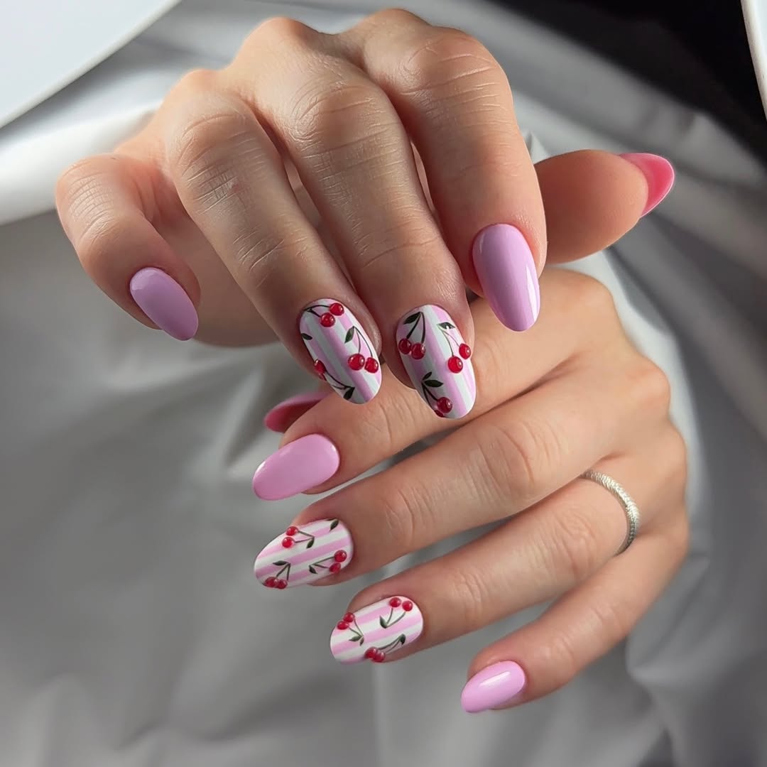 Cherry Striped Pink Almond Nails
