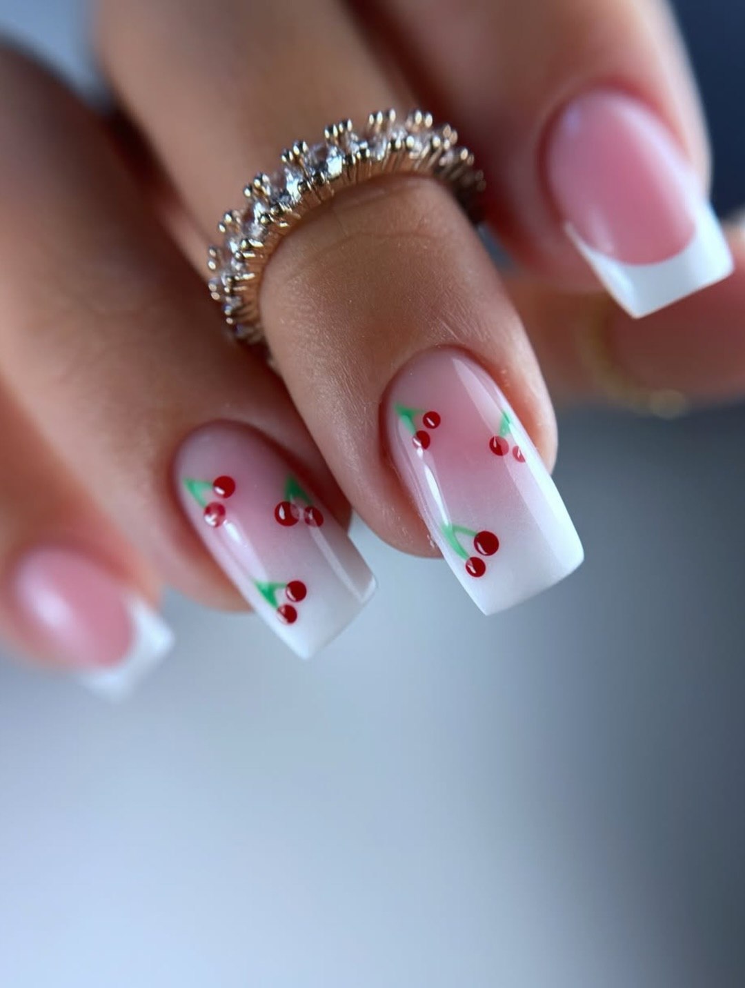 Cherry Summer French Tip Square Nails