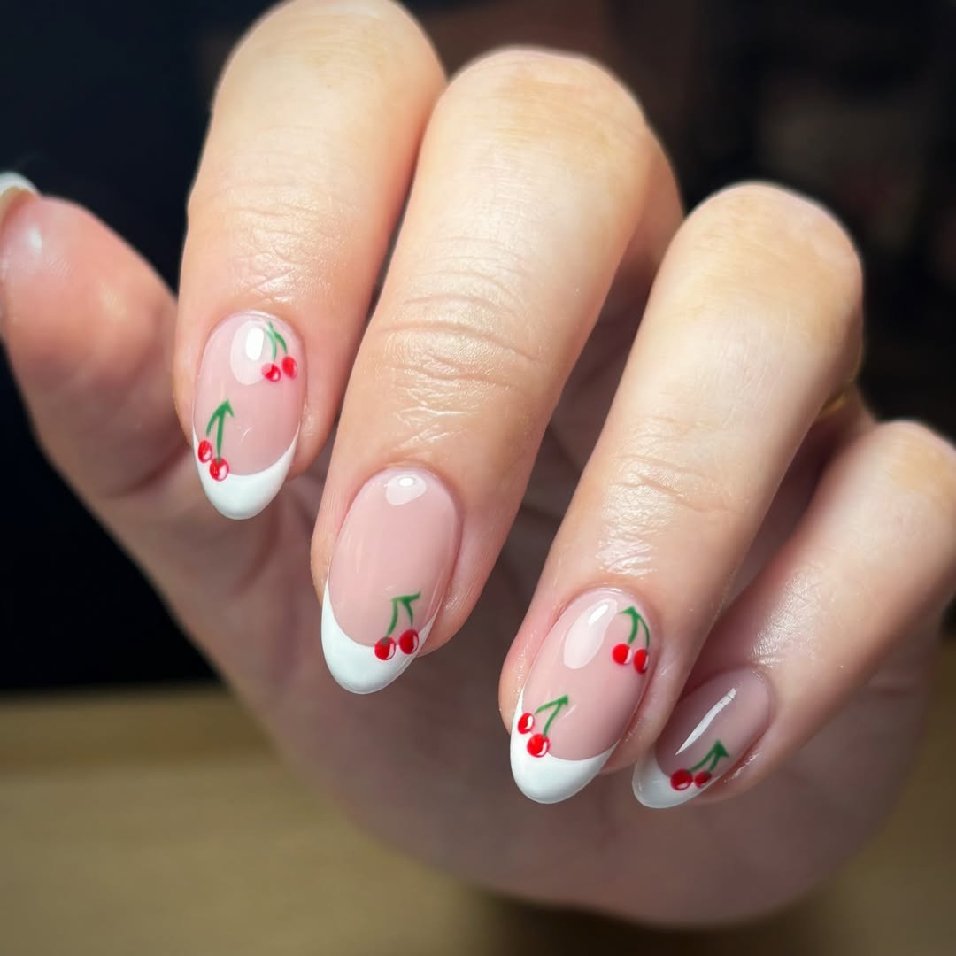 Cherry Sweet French Tip Oval Nails