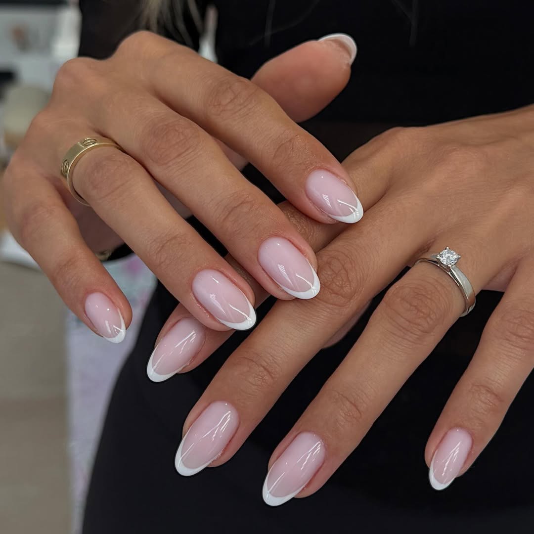 Classic Milky Pink Glossy Oval French Tip Nails