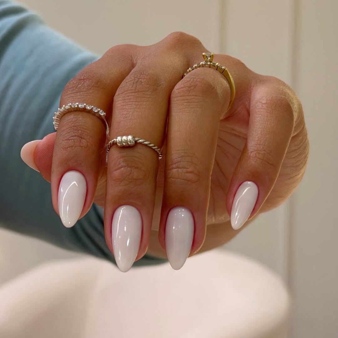 Clean Girl Milky White Almond Glossy Nails