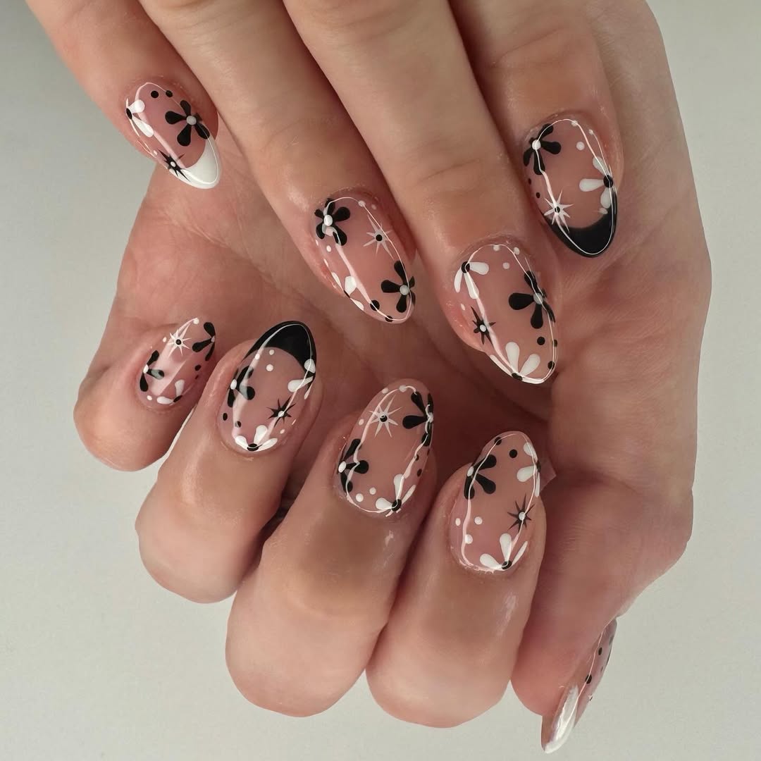 Clear Base Black And White Floral French Tips