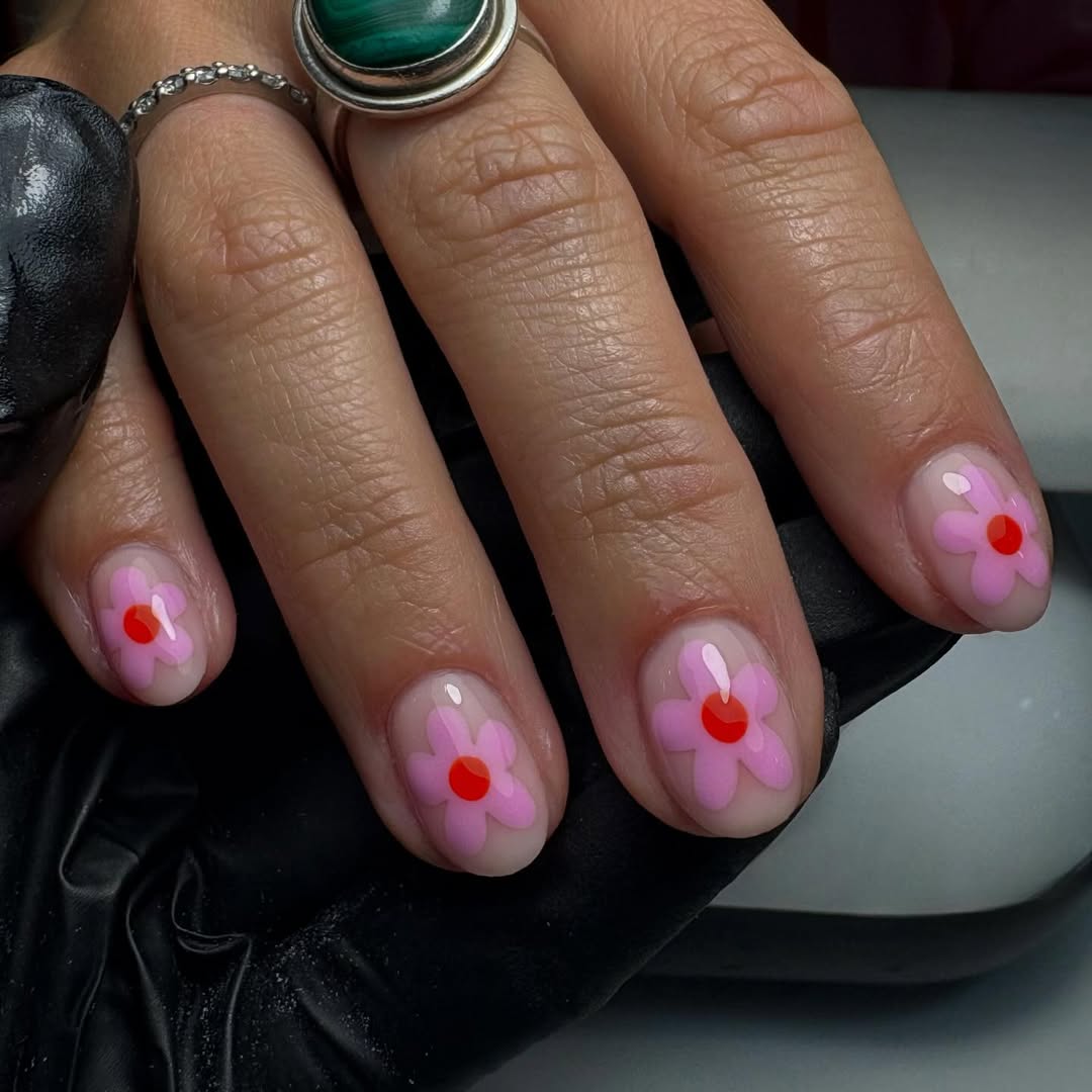Clear Base Pink Flower Red Dot Short Oval Nails