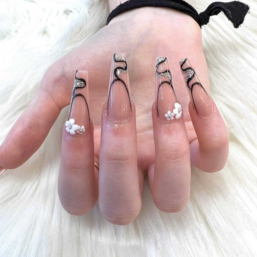 Clear Jelly Black Swirls Silver Glitter Long Coffin
