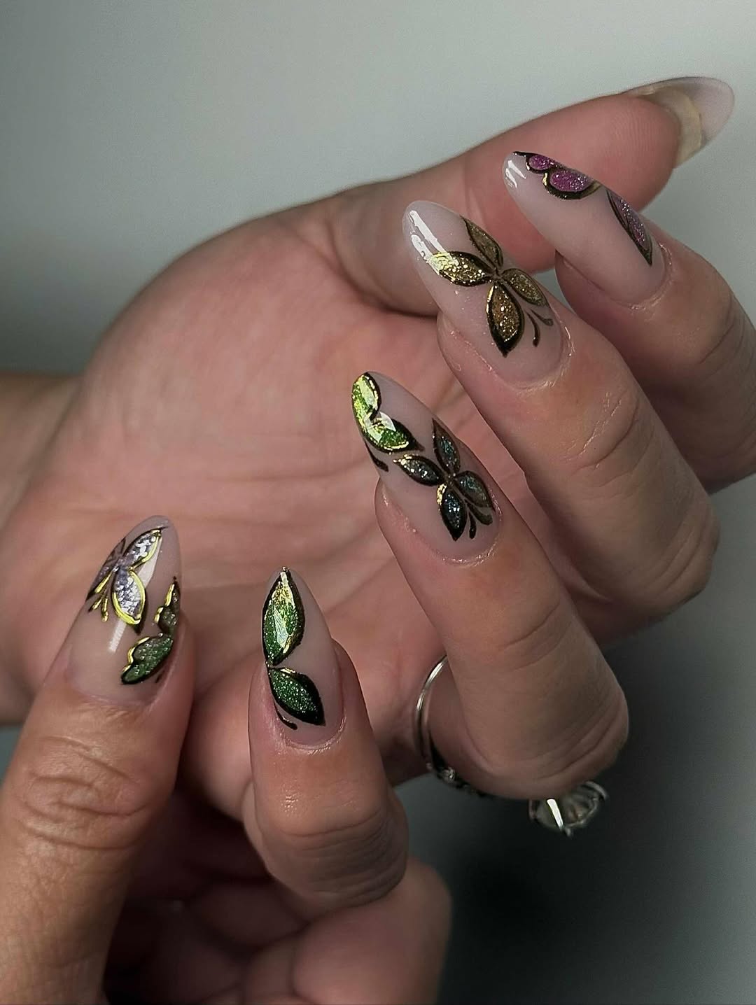 Clear Nude Butterfly Fantasy Metallic Almond Nails