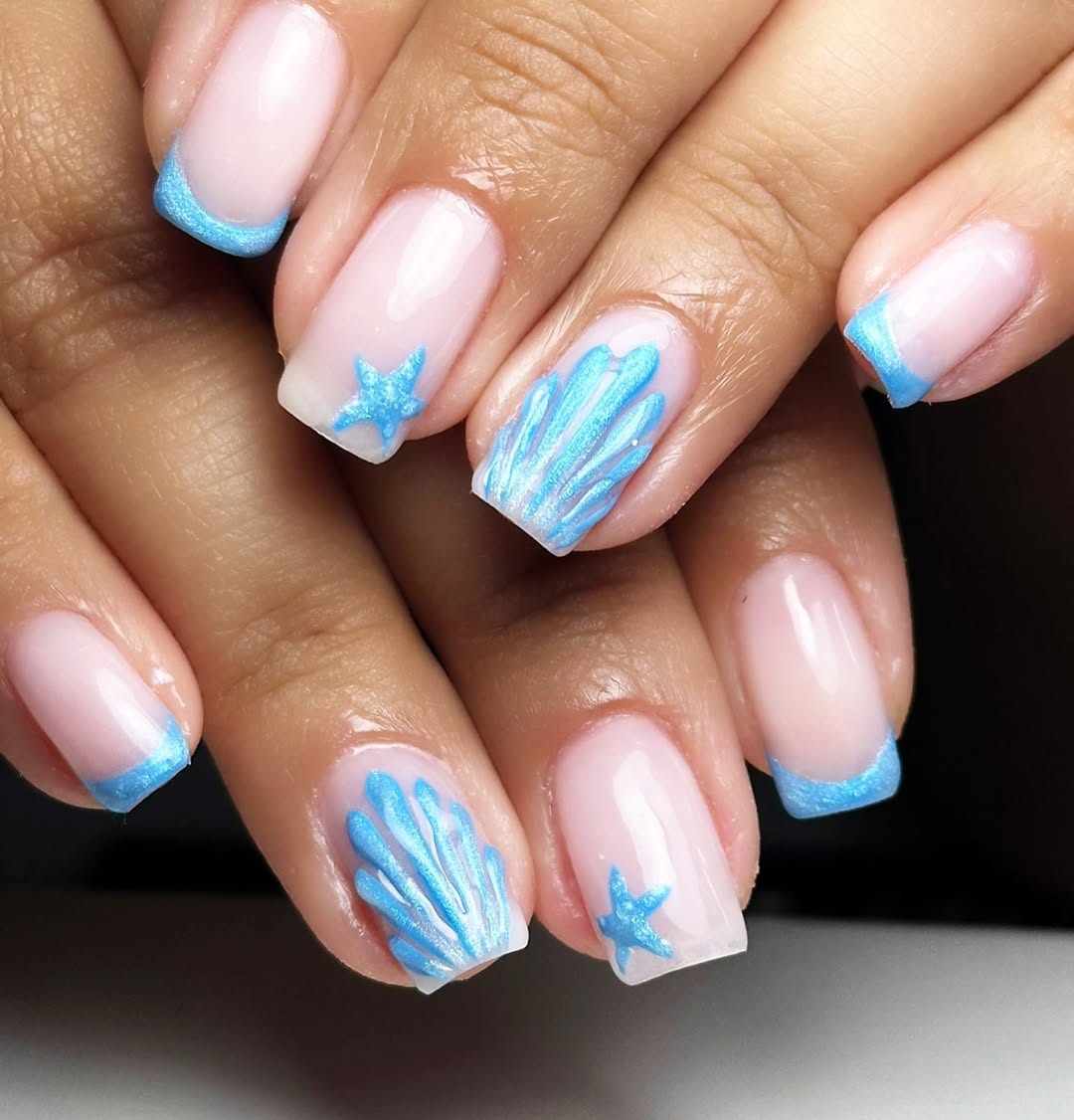 Coastal Blue French Tips with 3D Coral Art
