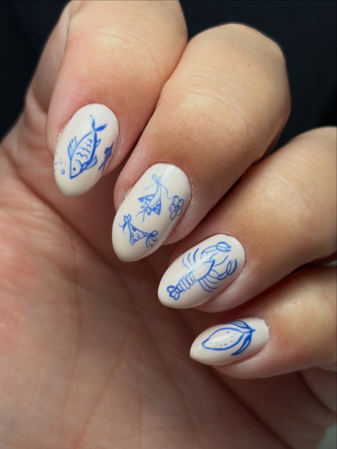 Coastal Blue Hand-Painted Summer Motif Almond Nails