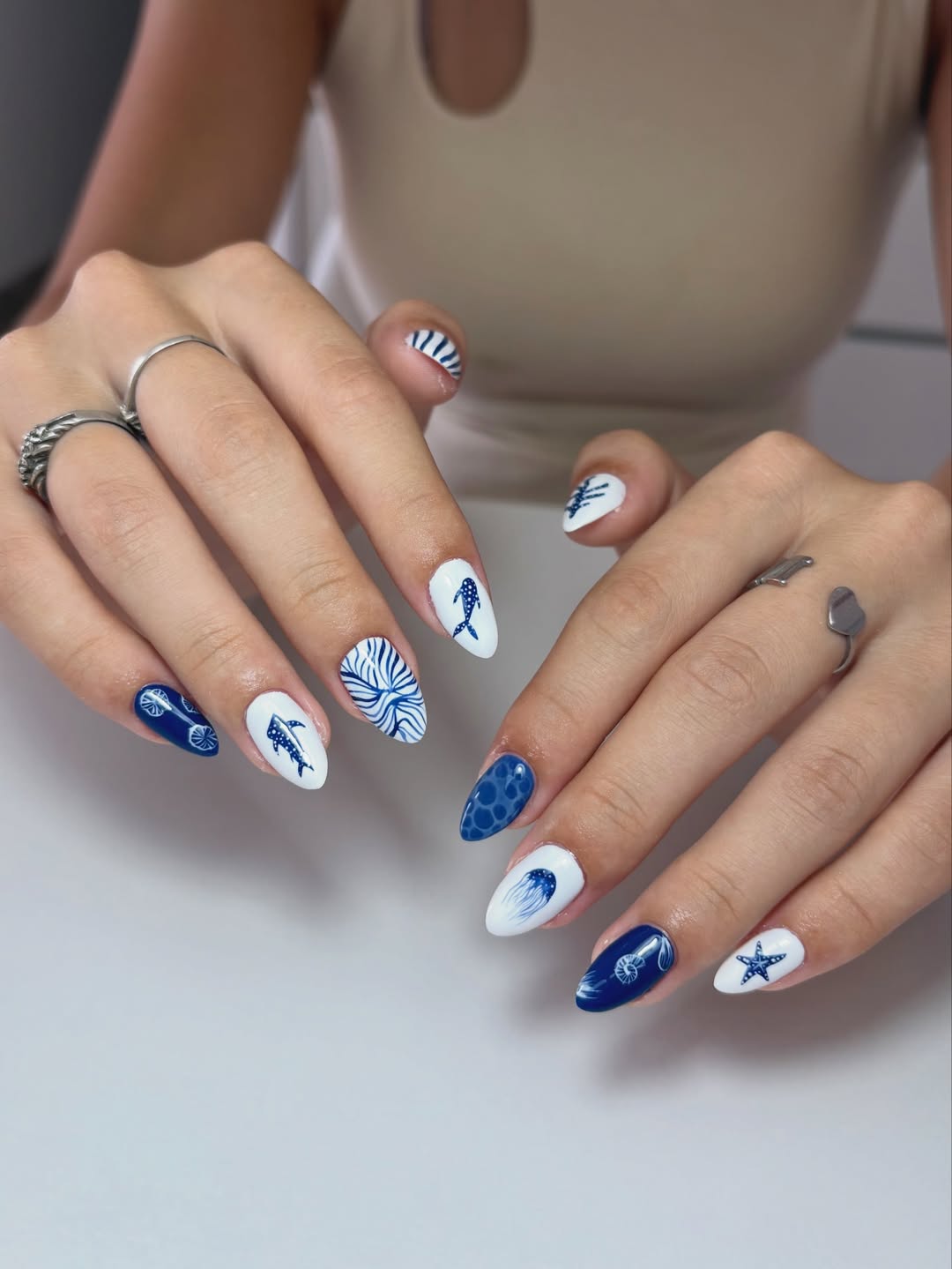 Coastal Blue White Mixed Marine Life Nails